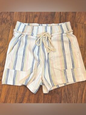 Roxy High-Waist Striped Drawstring Shorts - White with Blue & Pastel Stripes